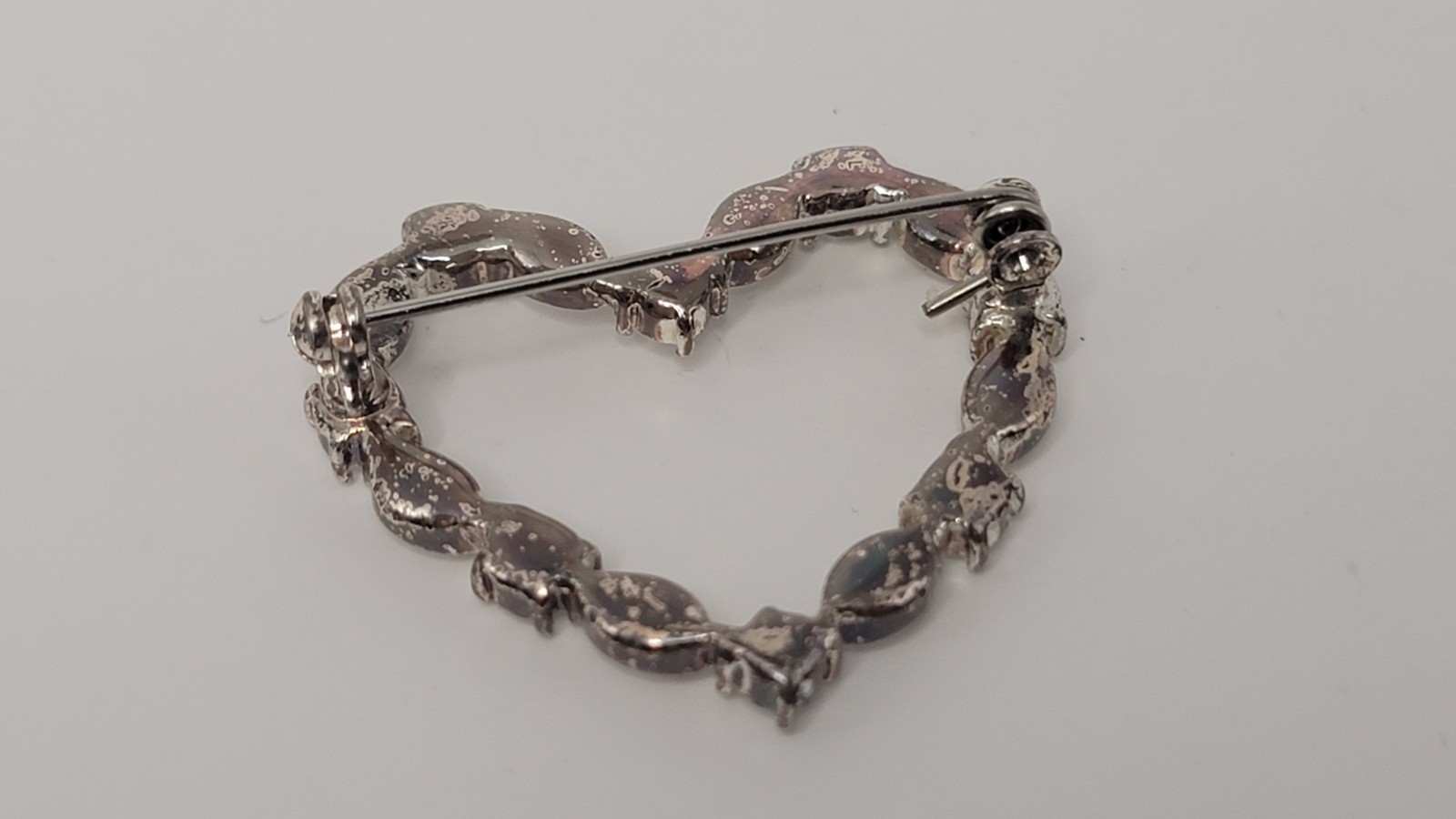 Navette & Round Rhinestones Heart Shaped Brooch Pin Silver Tone