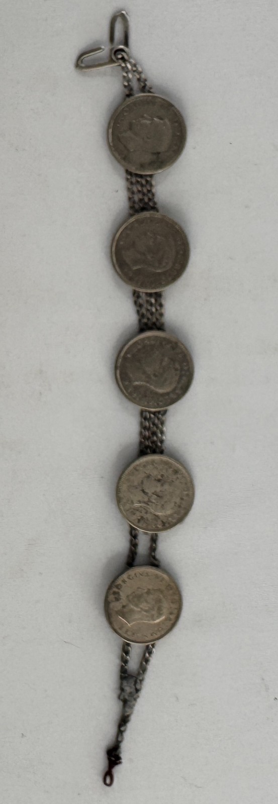 Vintage Coin Bracelet with Five 6 Pence Handmade British 50% Silver Coins