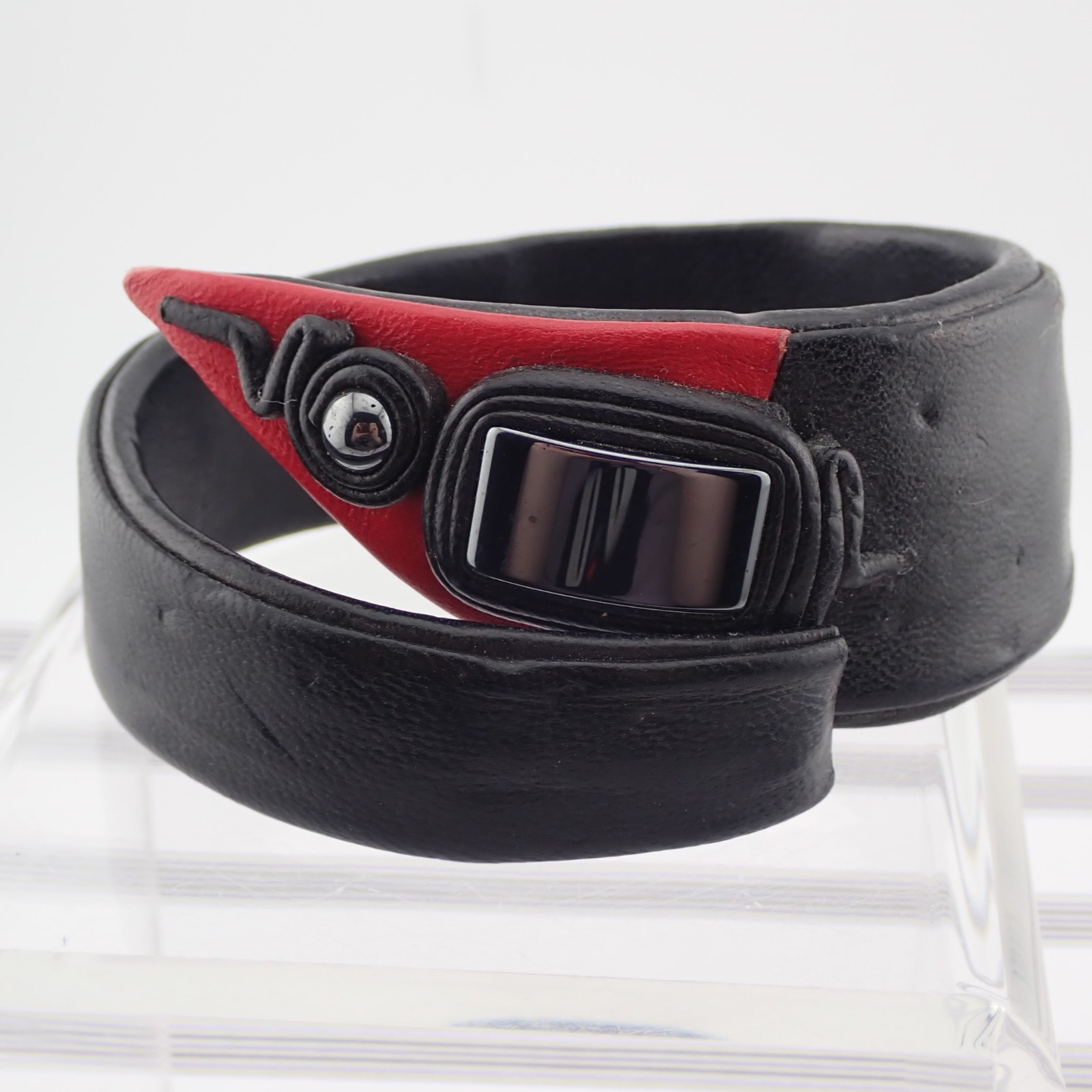 Vintage Black Red Leather Hematite Abstract 8″ Adj Wrap Bracelet