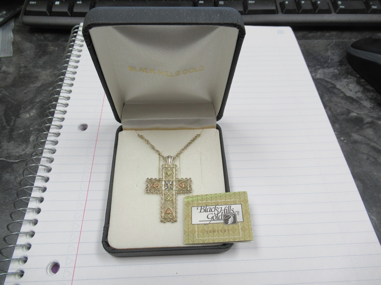 Vintage Sterling & 12K Black Hills Gold Cross Pendant & Sterling Necklace in Box