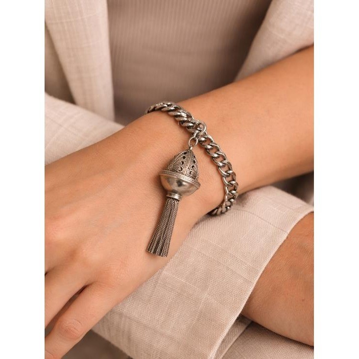 Vintage Silver Tone Chain Bracelet Filigree Tassel Charm Statement Bracelet 6