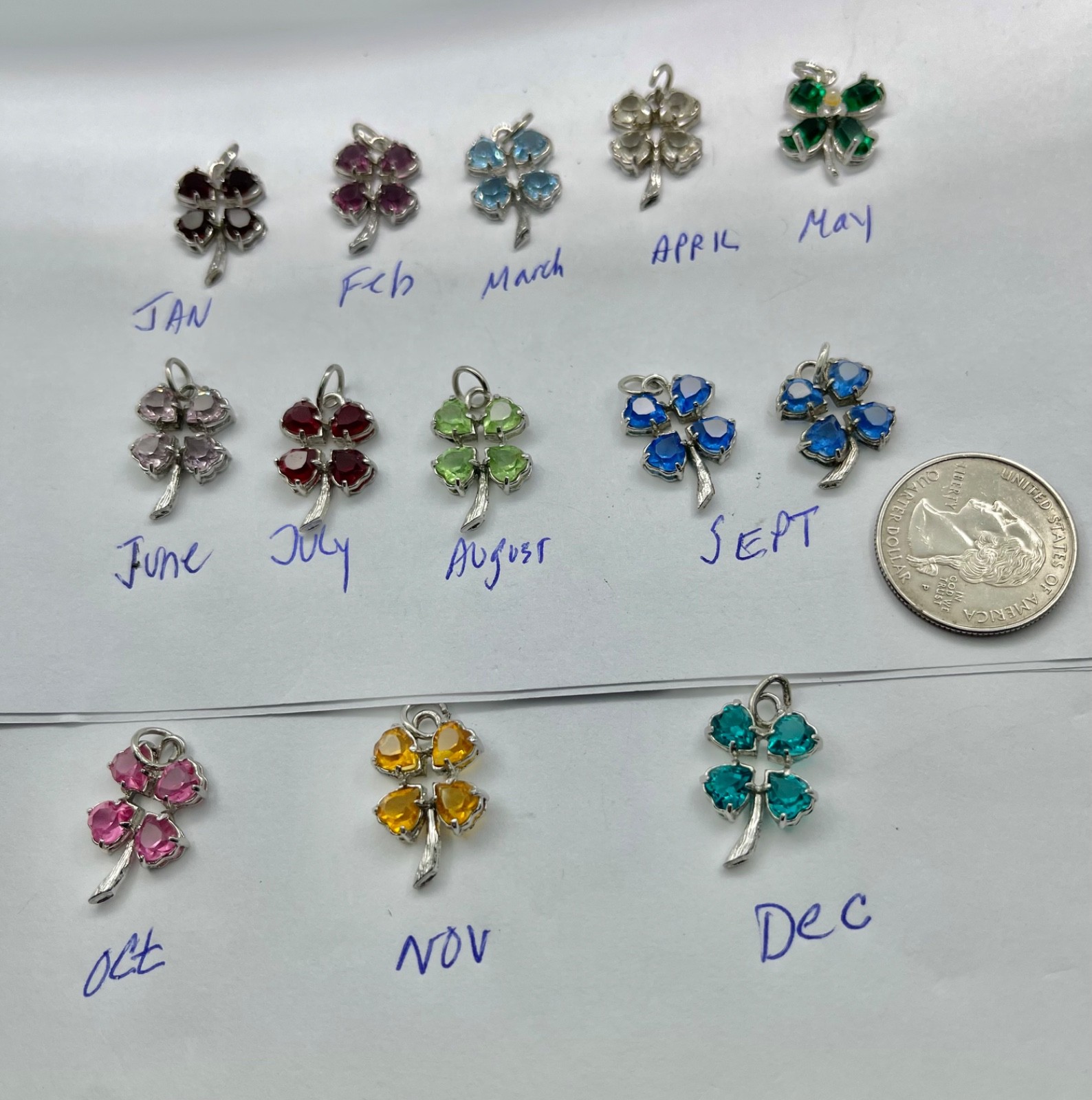 Vintage Mid Century Sterling Silver Rhinestone Birthday Clover Charms Pendants