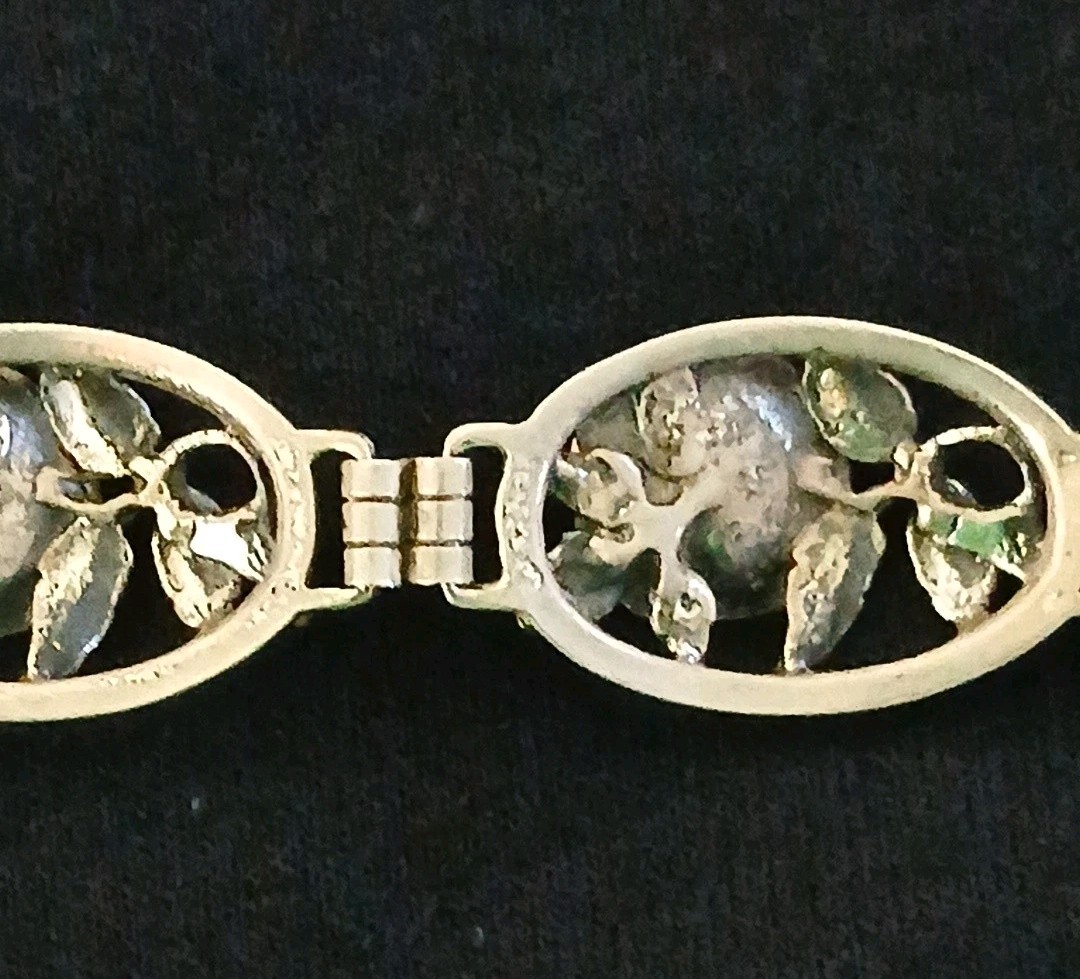 DANECRAFT Vintage Sterling Silver Floral Rose and Leaf Oval Link Bracelet RARE *