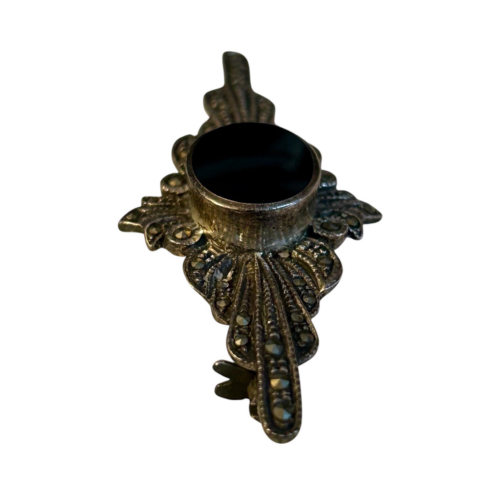 Vintage Sterling Silver Brooch Black Onyx Marcasite 925 Bezel 2″ Art Deco Style