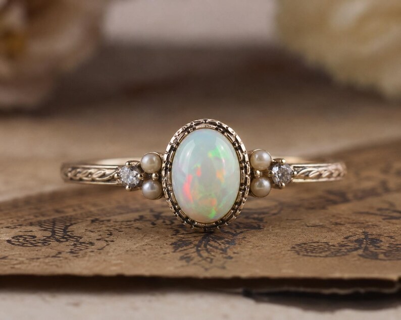 Natural Ethiopian Opal Ring Vintage Pearl Ring 925 Sterling Silver Oval Opal