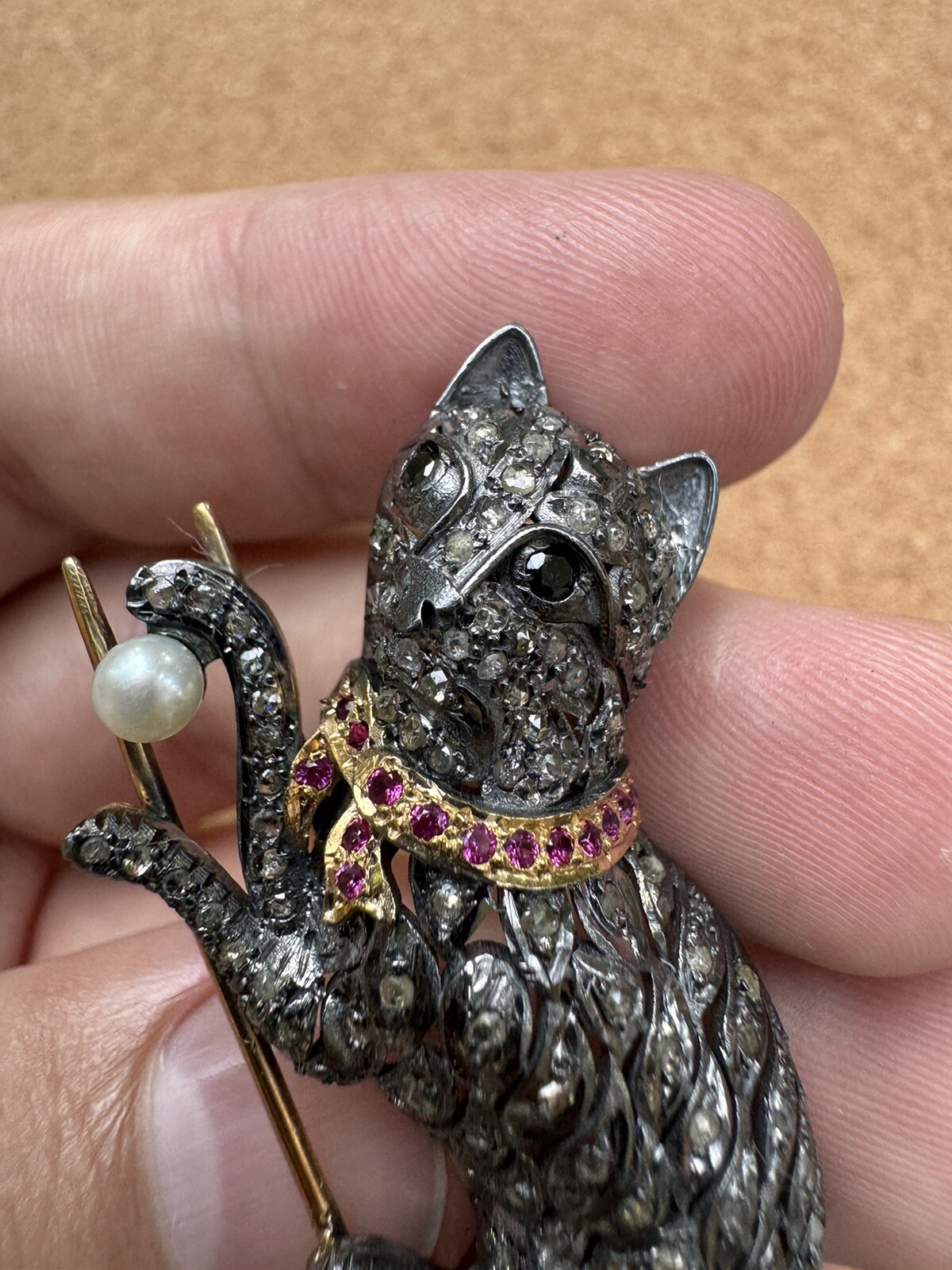 Stunning Rose Cut Diamond Gemstone Silver Victorian Cat Brooch Jewelry