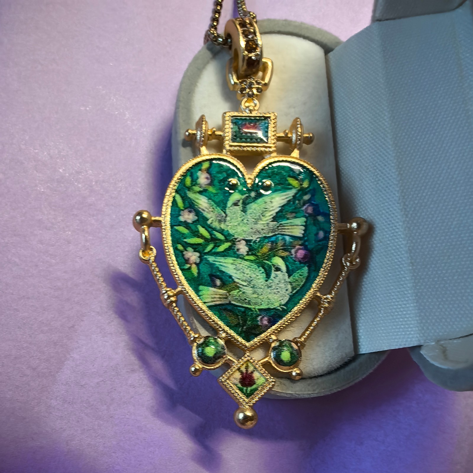 Vintage European Heart Enamel Necklace Unique Dove Inlay Retro Pendant Jewelry