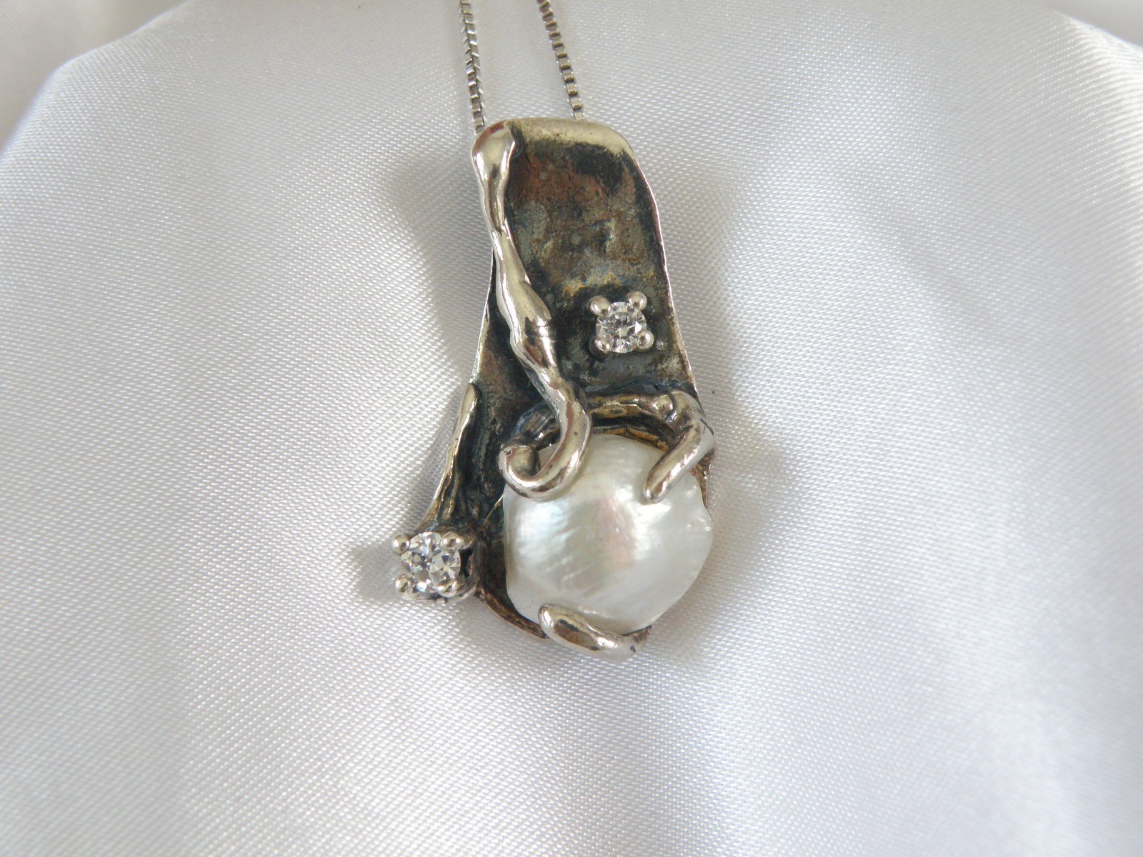 Brutalist Sterling Silver 925 Baroque Pearl Modernist Pendant Necklace