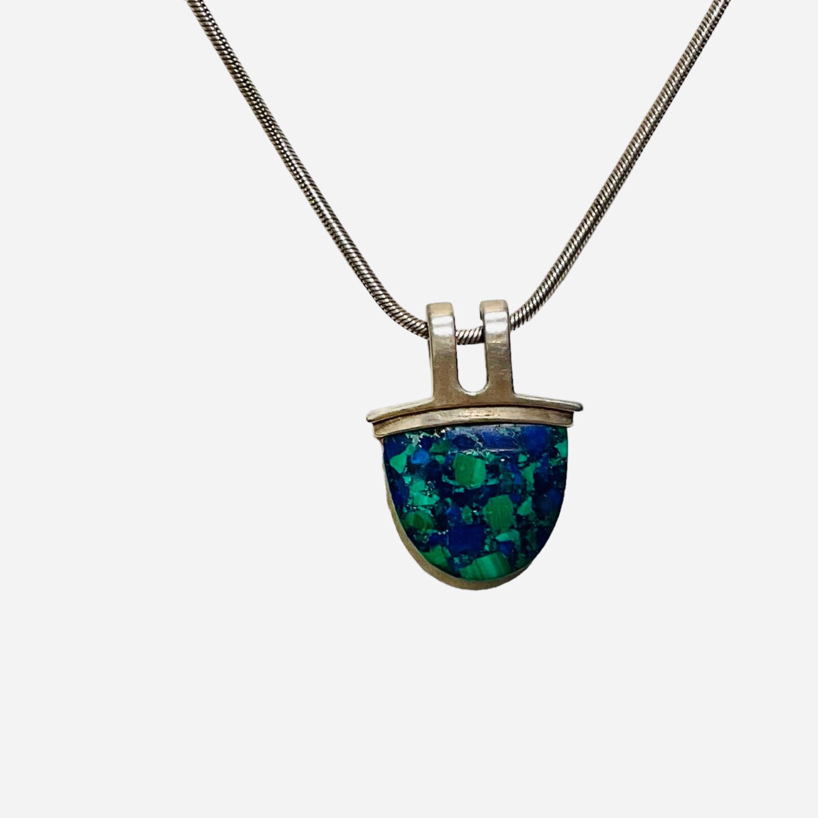 Azurite Pendant Necklace AGI Sterling Silver Chain Stone Signed SAW Vintage
