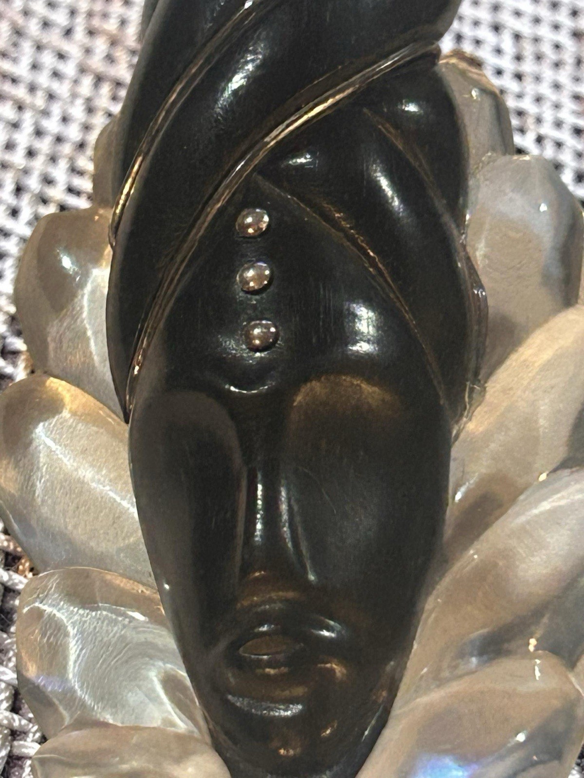 Elzac Carved Lucite Wood Mask Blackamoor Figural Brooch African Princess Rare!