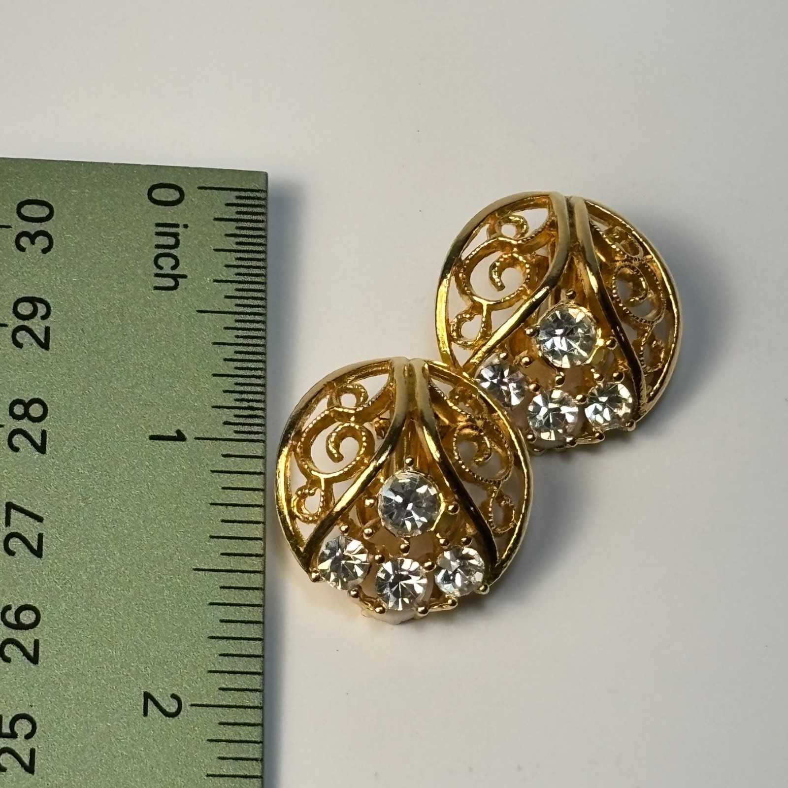 Vintage Earrings Filigree Gold Tone Rhinestones Elegant Clip On