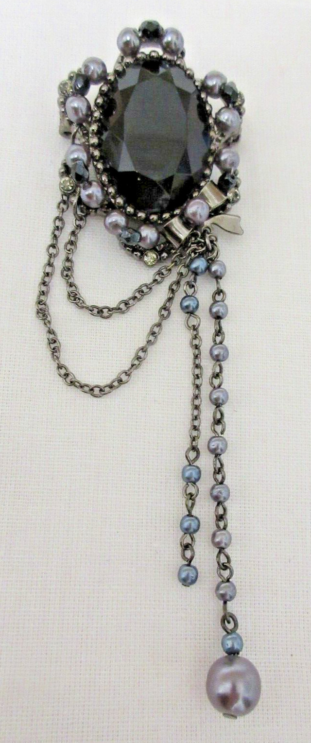 Vintage Dark Metal Black Faceted Glass, Grey Faux Pearl & Rhinestone Brooch
