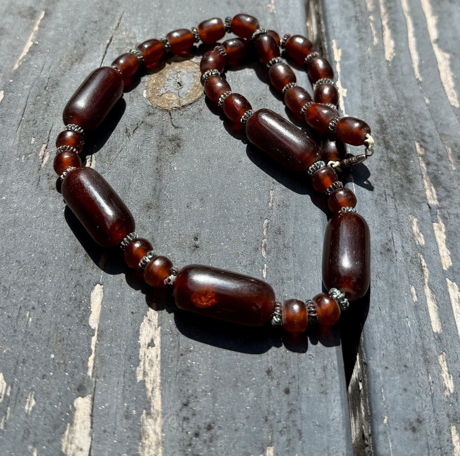 Vintage Cherry Amber Color Phenolic Resin Barrel Bead Necklace 20” 53g