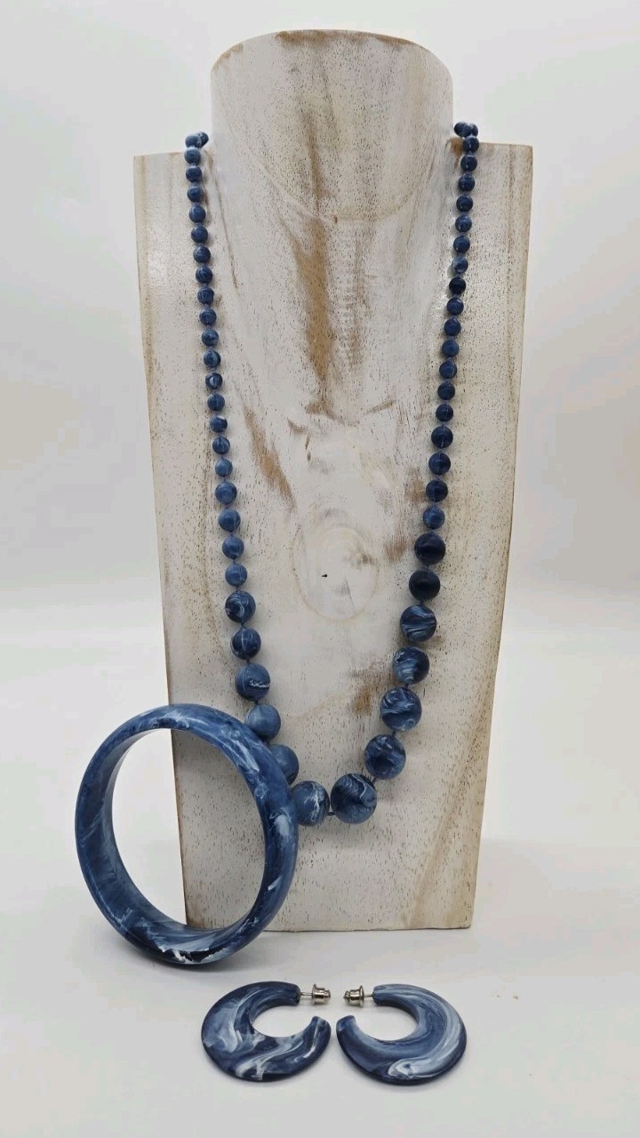 Denim Blue Marbled Jewelry Set Vintage Couture 3pc Necklace Bracelet Earrings