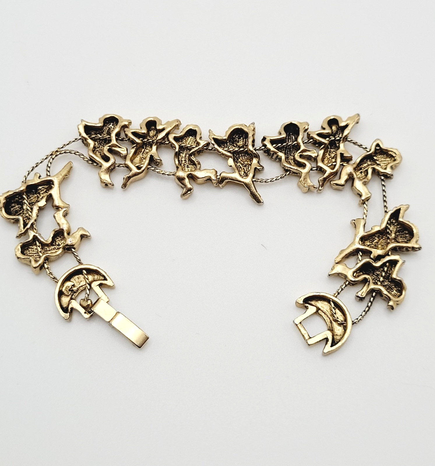Cherub Angels Iridescent Glitter Wings Gold Tone Vtg Slide Bracelet 7.5 Inch