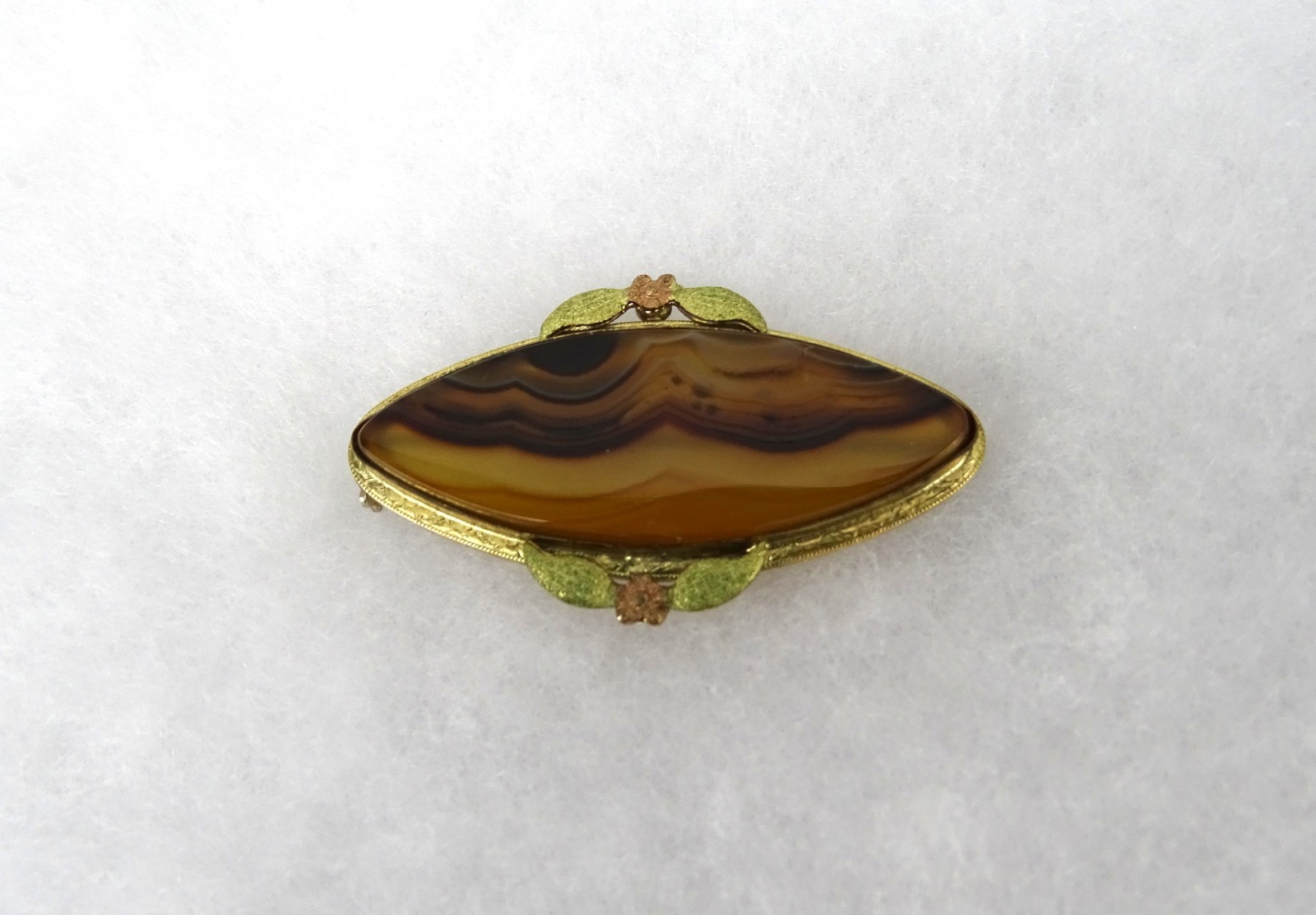 Vintage Banded Agate Brooch, Gold-tone Setting, Elongated Oval