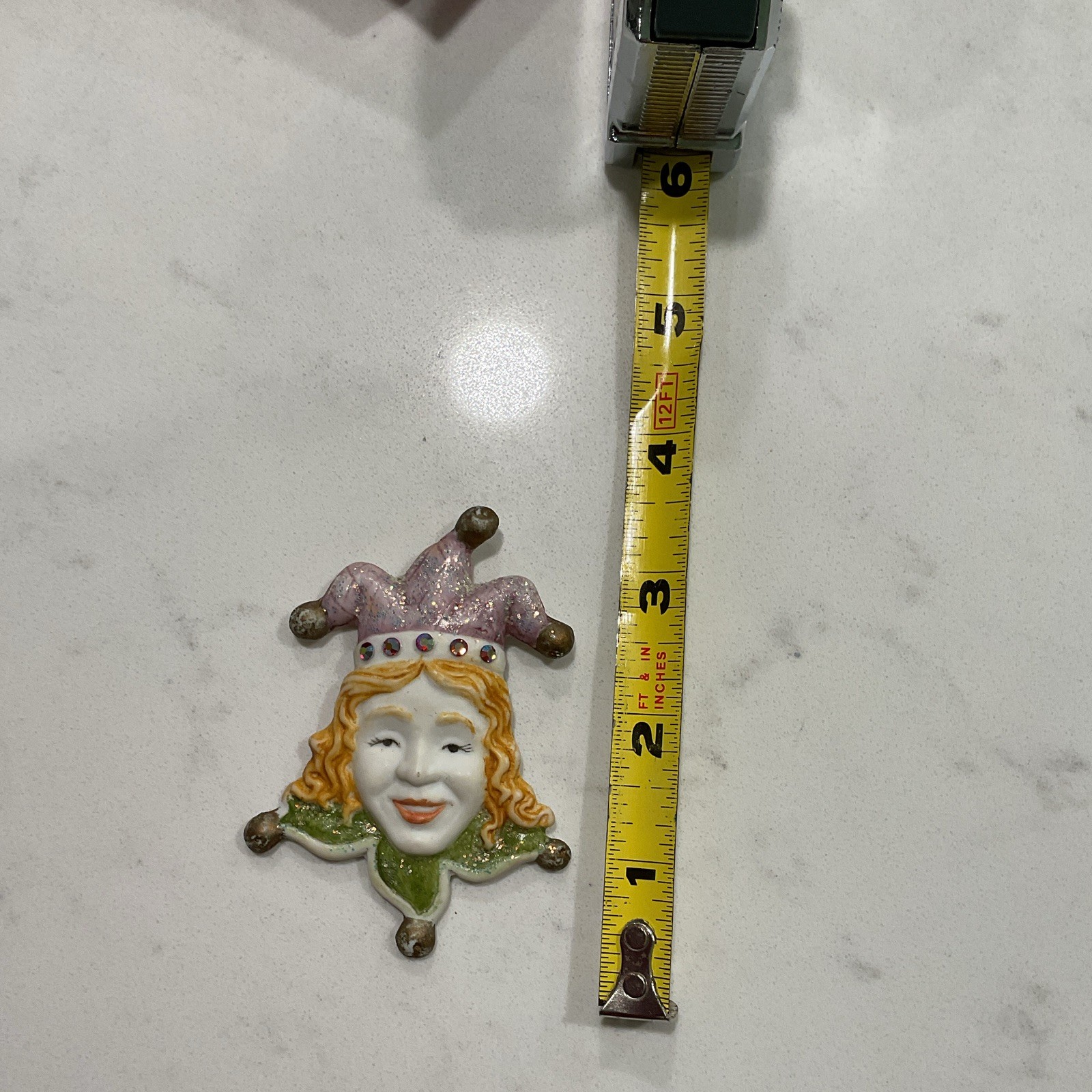 Signed 1989 Jester Ceramic Brooch Pin w/ Multicolor Rhinestones 3 in