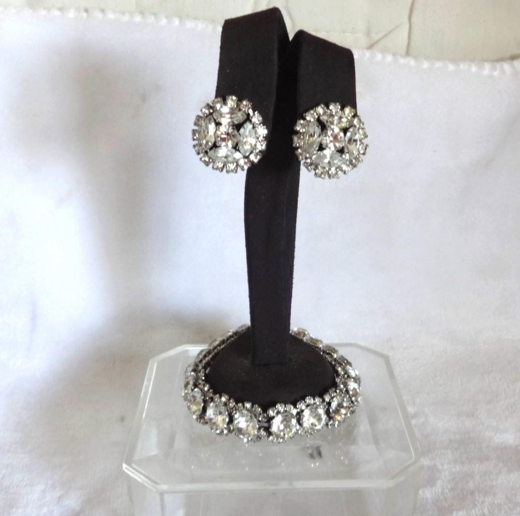 Stunning Vintage Signed KRAMER Clear Rhinestone Bracelet Earrings Set 7”