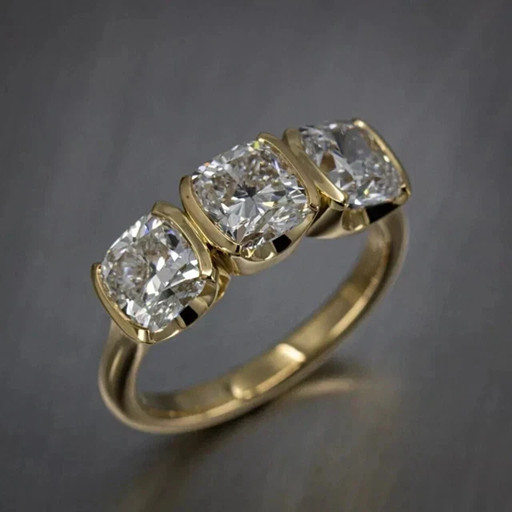 1.50 Ct Cushion Cut Lab-Created Three Stone Engagement Ring 14K Yellow Gold FN