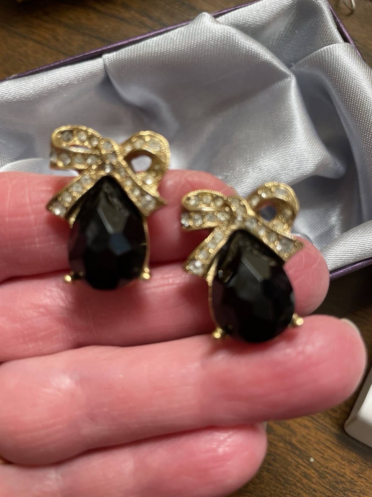 1928 Jewelry Co. Earrings Faceted Black Cabochon Bow Motif Pave Crystals Clip-on