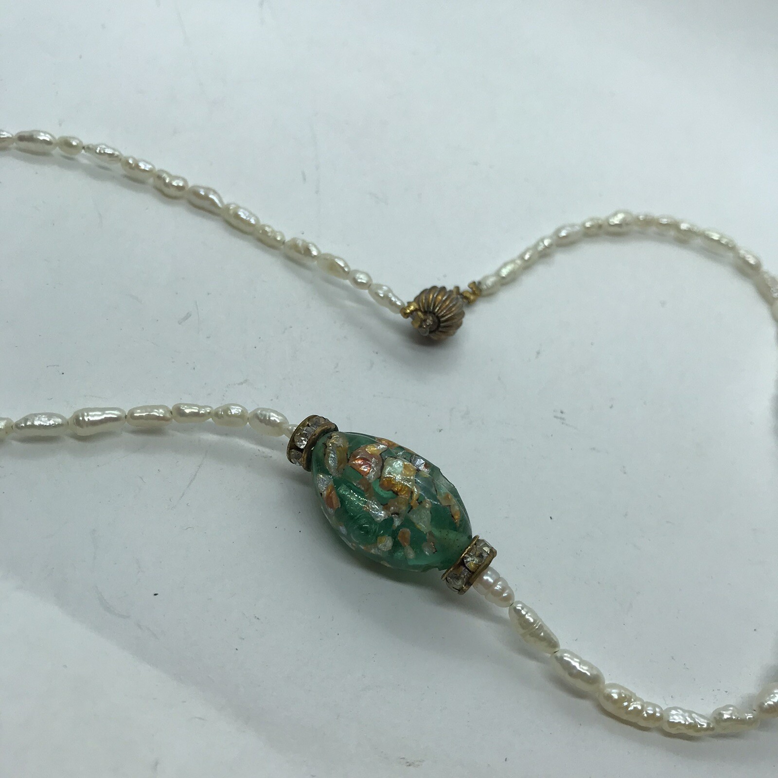 Vintage Artisan Baroque Pearl Dainty Strand Necklace Green Foil Art Glass Beach