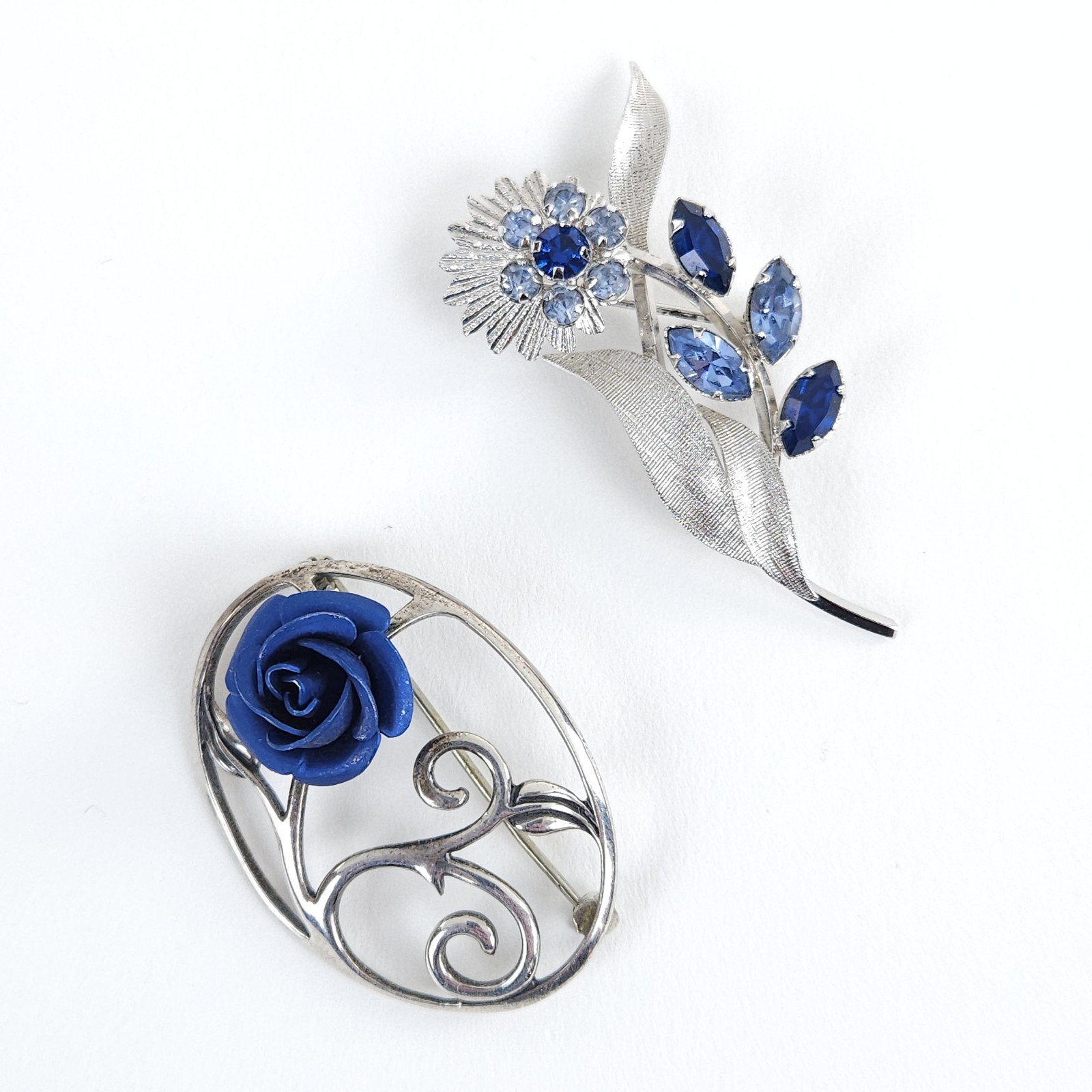Vtg 2 Sterling Floral Brooches Sarah Coventry Rhinestones Jezamine BlueRose