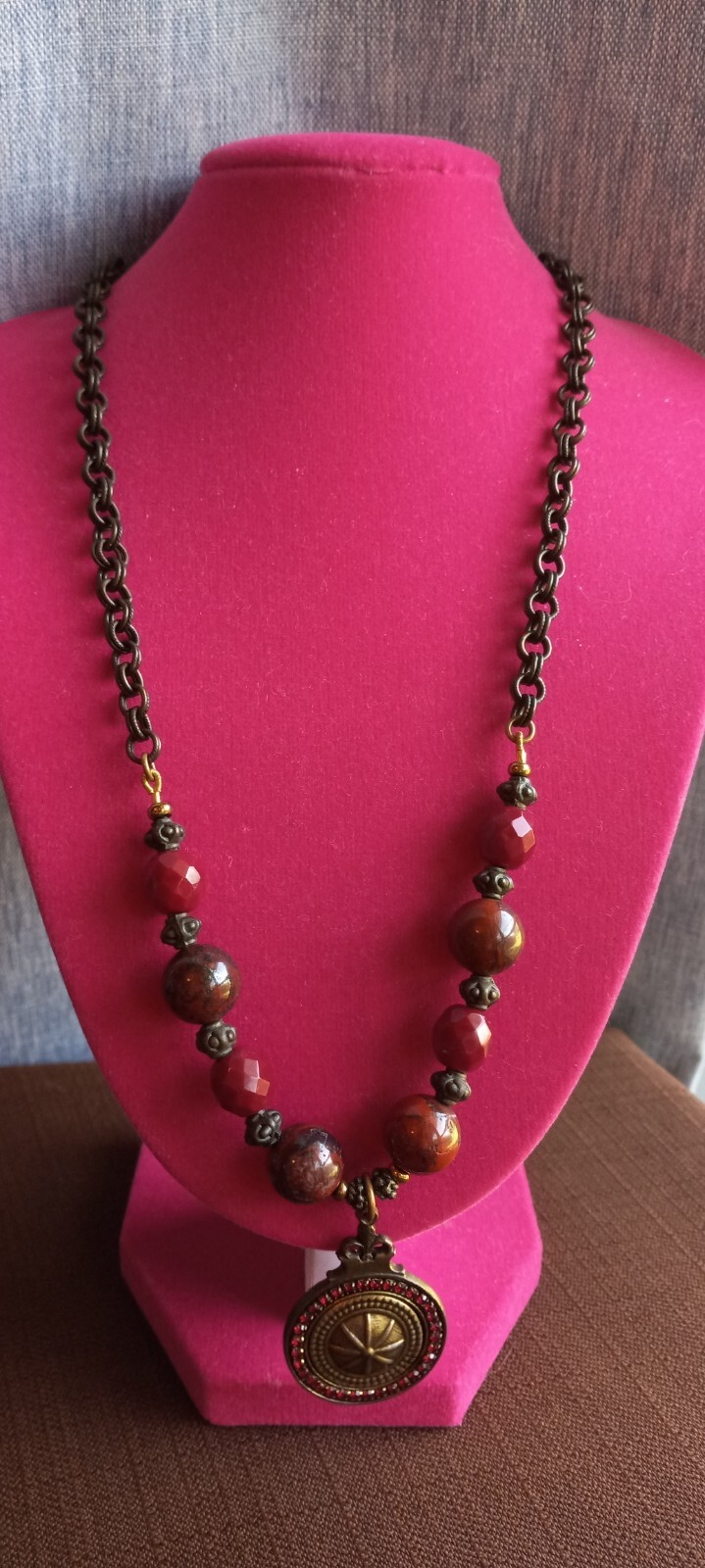 Rare Vintage Retired Grandmother Button Necklace ,Rhinestones, Marble Stones,…
