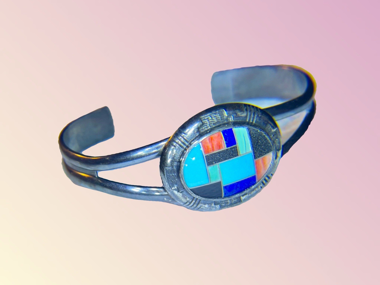 Carolyn Pollack Relios Vintage Sterling Silver Cuff Bracelet Mosaic Inlay Stones