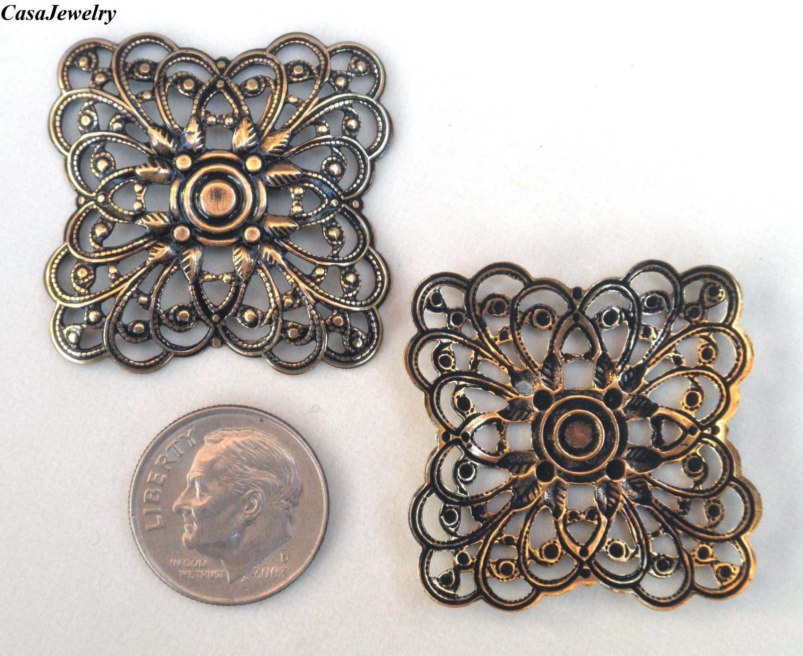 #2181 ANTIQUED GOLD DAPPED SQUARE OPEN FILIGREE – 2 Pcs