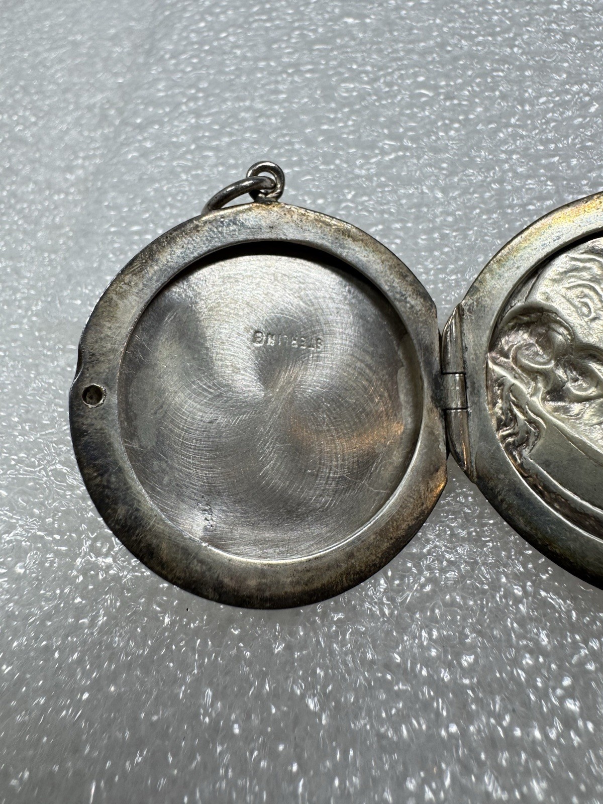 Antique Sterling Silver Art Nouveau Repousse Lady Crescent Moon & Stars Locket