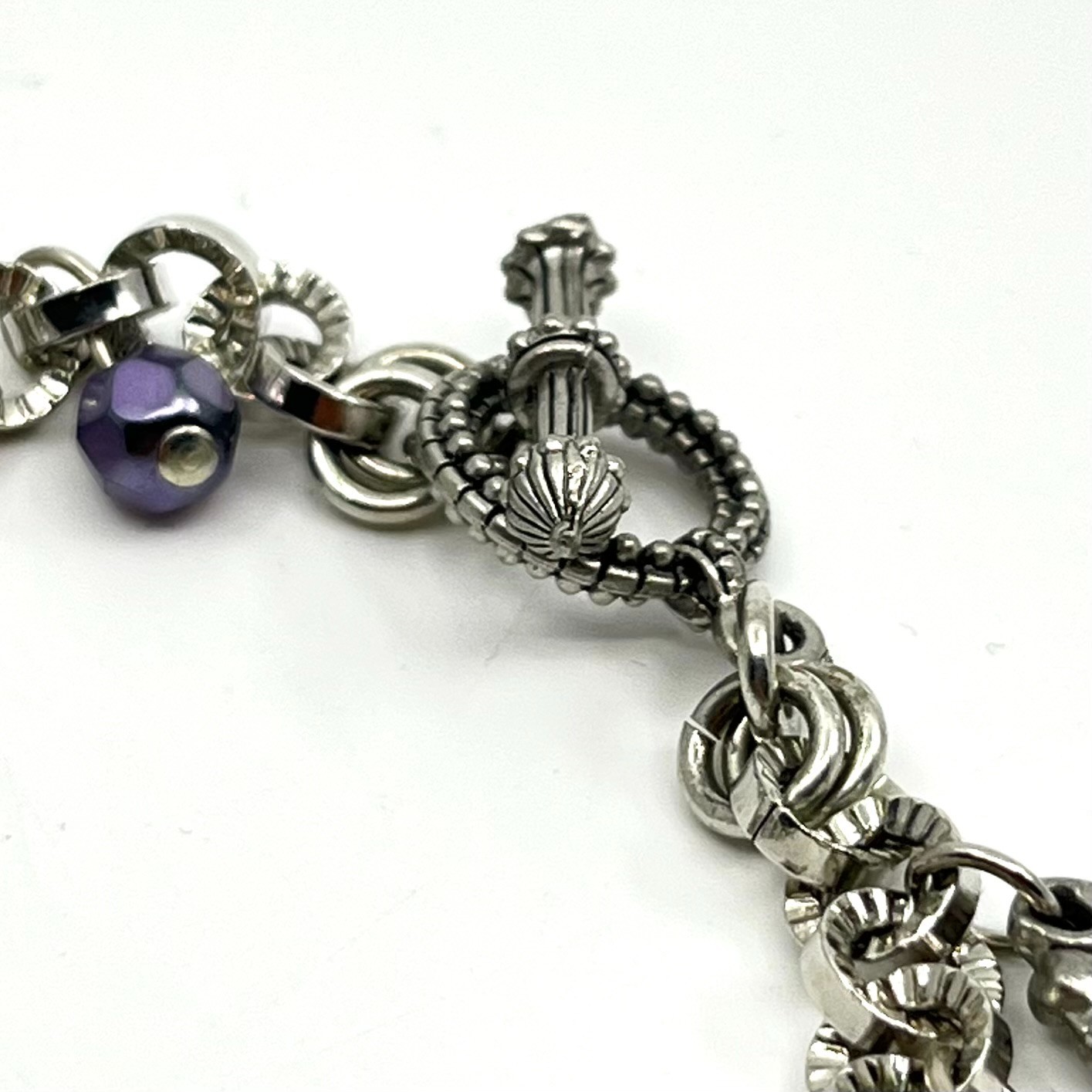Vintage Silver Tone Purple Grape Cluster Charm Bracelet Toggle Boho Y2K 7.25″