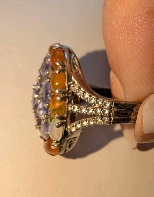 Sterling Silver Ethiopian Welo Opal & Iolite Cluster Ring With White Zircons