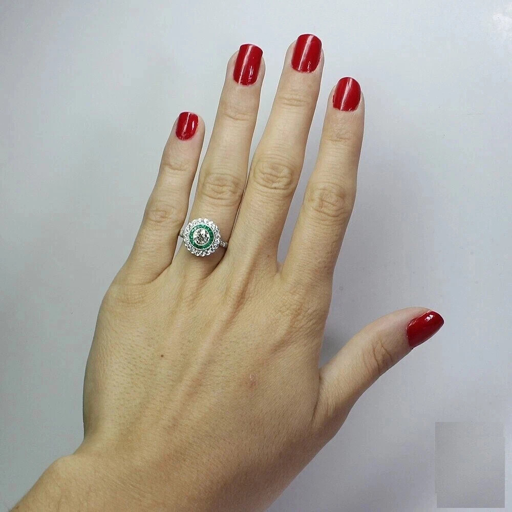 Art Deco Style Lab Created Diamond & Emerald Wadding 14K White Gold Finish Ring