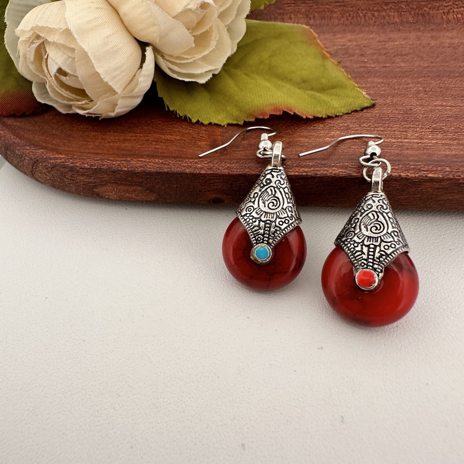 VINTAGE ~ SILVER TIBETAN RED BEAD EARRINGS ~ TURQUOISE BOHO ETHNIC PIERCED HOOKS