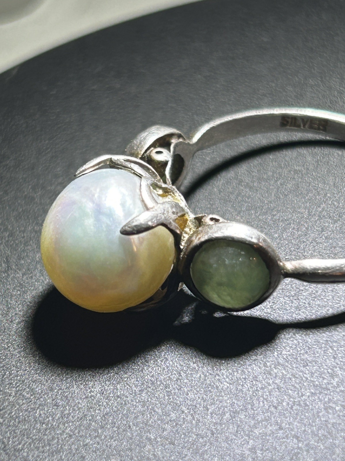 Antique Sterling Silver Pearl Ring with Natural green side stones