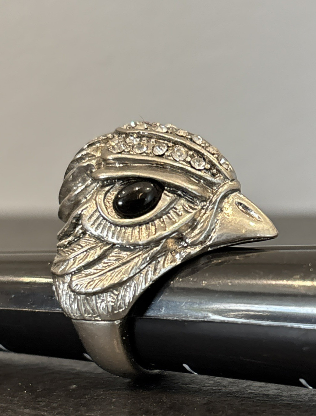 Silver Tone Statement Bird Head Ring Clear Rhinestones Faux Onyx Eyes Size 6.5