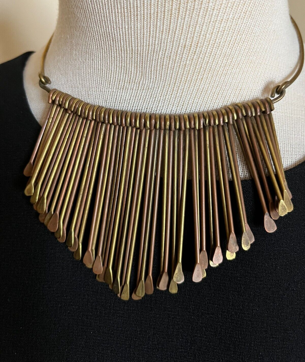 Vintage Brass Paddle Bib Collar Necklace Choker Hammered Fringe Tribal Boho