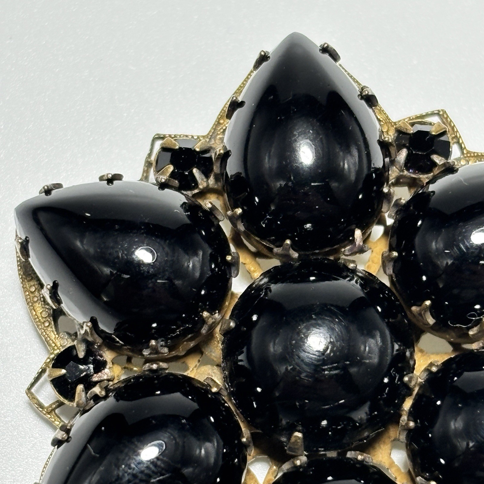 Vintage Brooch Pendant Teardrop Black Glass Cabochons Double Layered 2-1/8″ Long