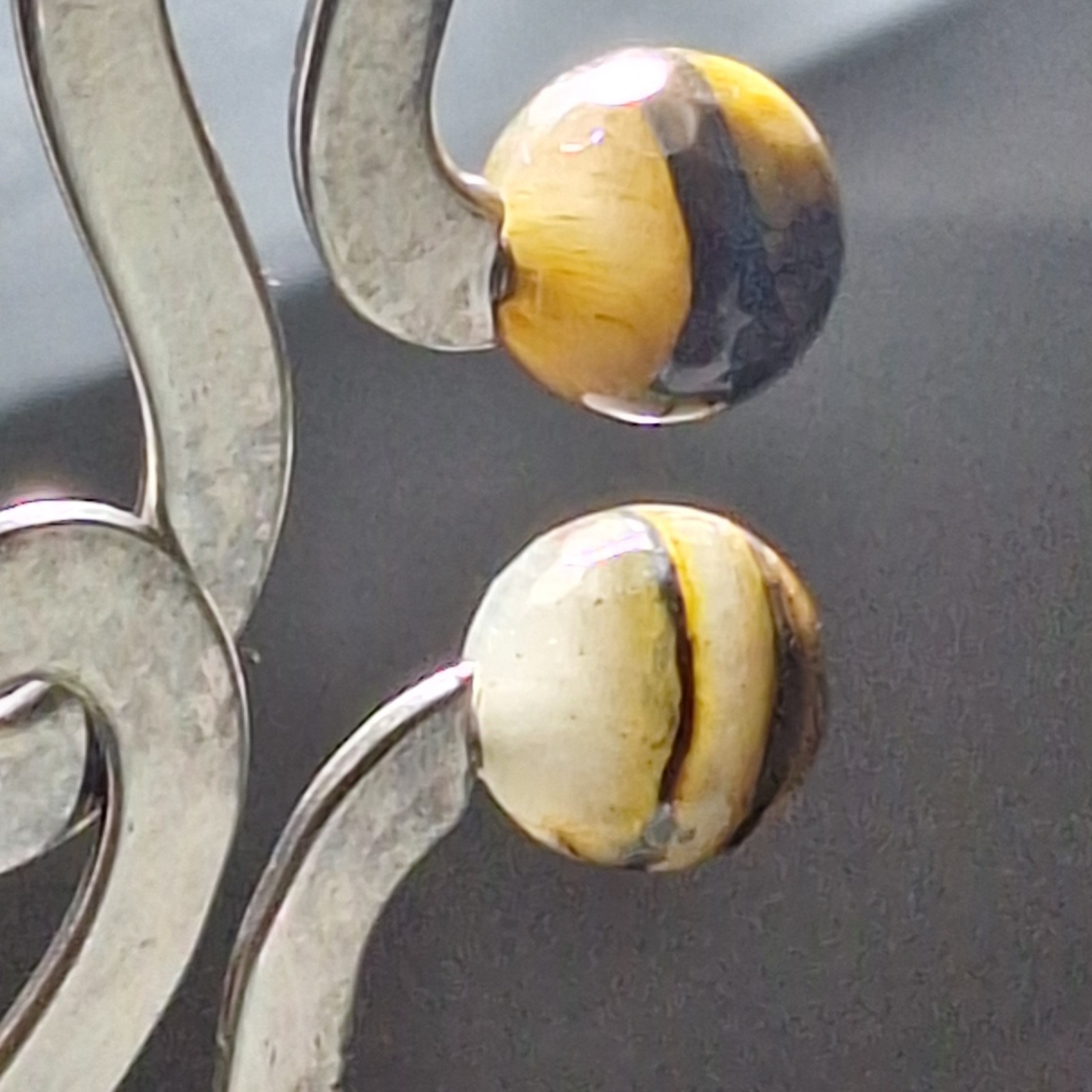 Norwegian Modernist Silver Wavy Dangle Earings Banded Quartz Tiger Iron Agate