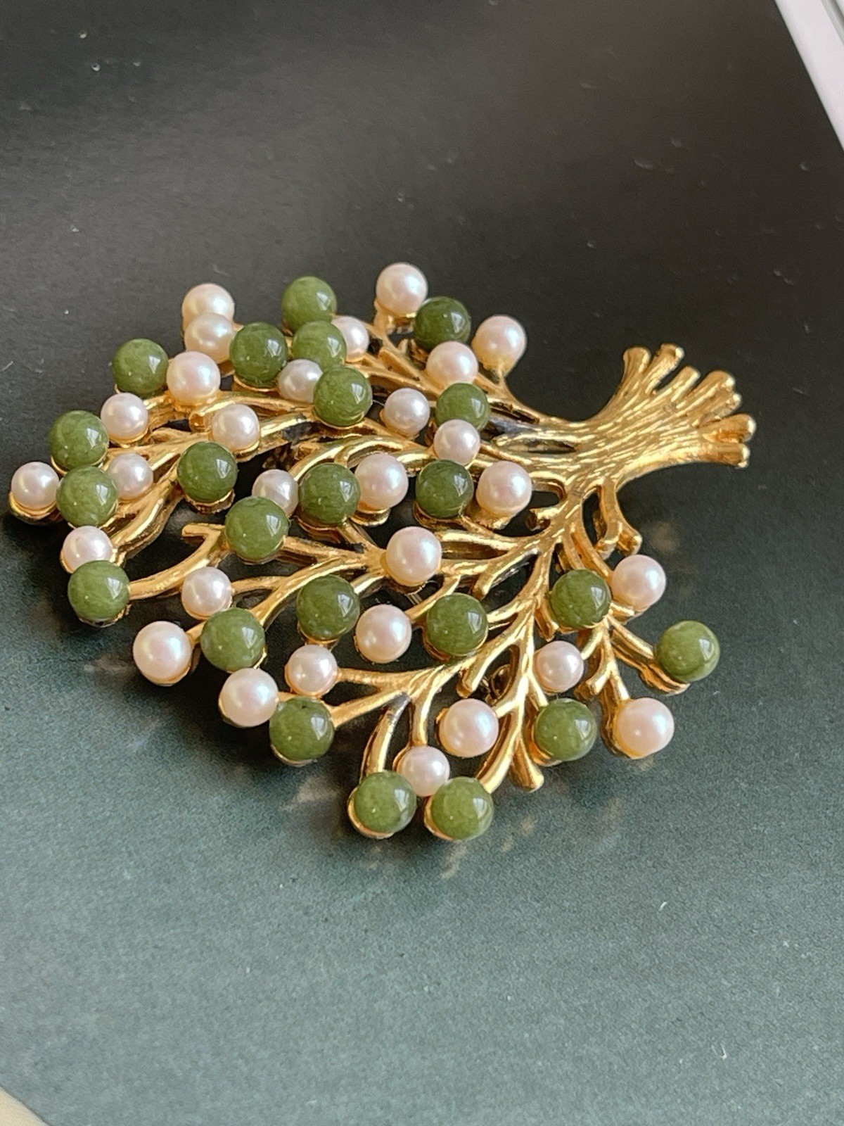Vintage tree of life brooch green jade- like stone&pearl beads Swoboda style