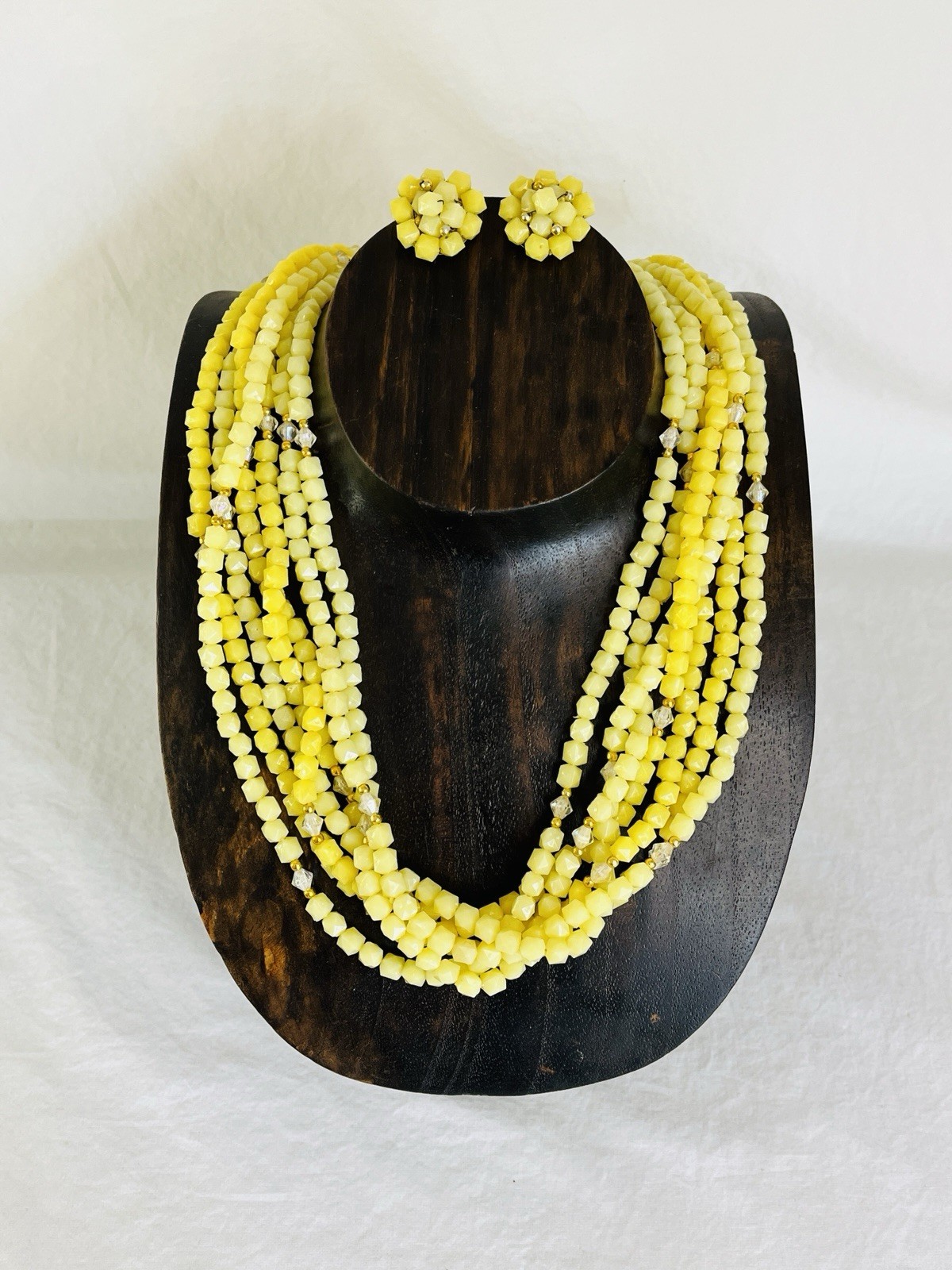 Hong Kong Yellow Beaded Necklace and Clip On Earrings Set Seven Strand Necklace