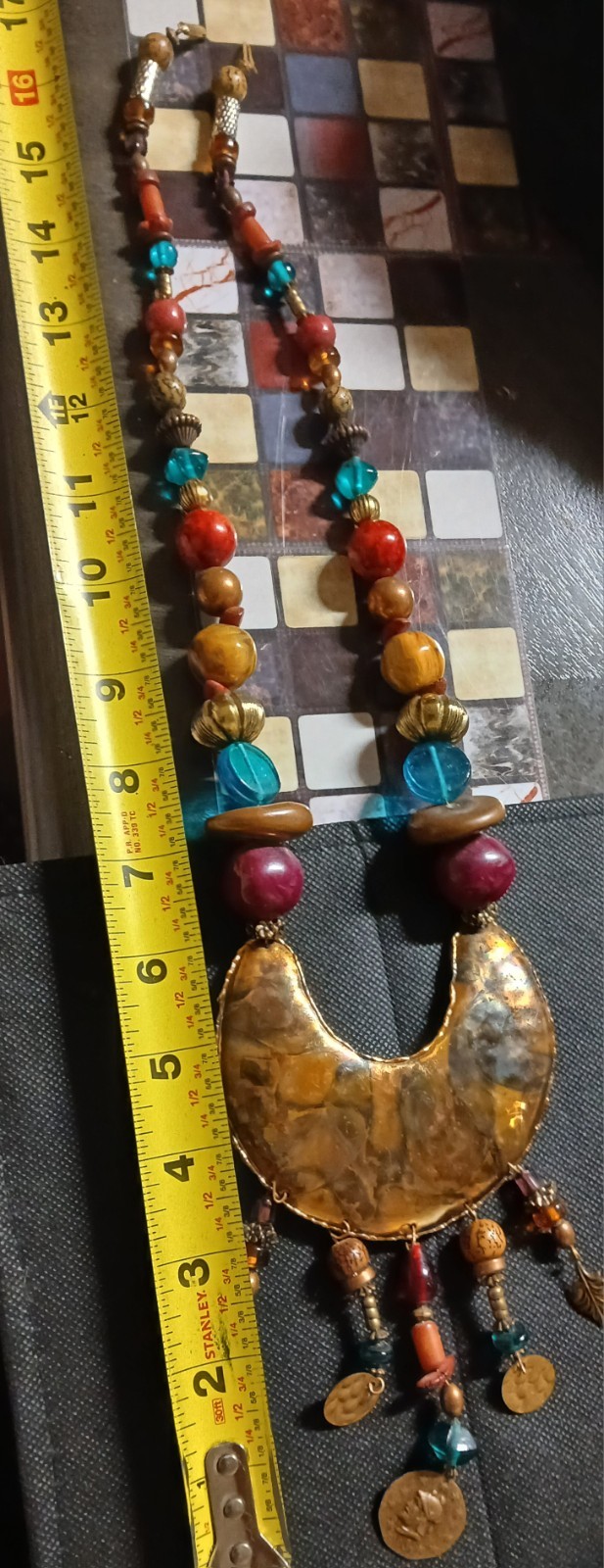 Signed SURLES Vintage Modernist Brass Bib Necklace Colorful Art Glass Beaded