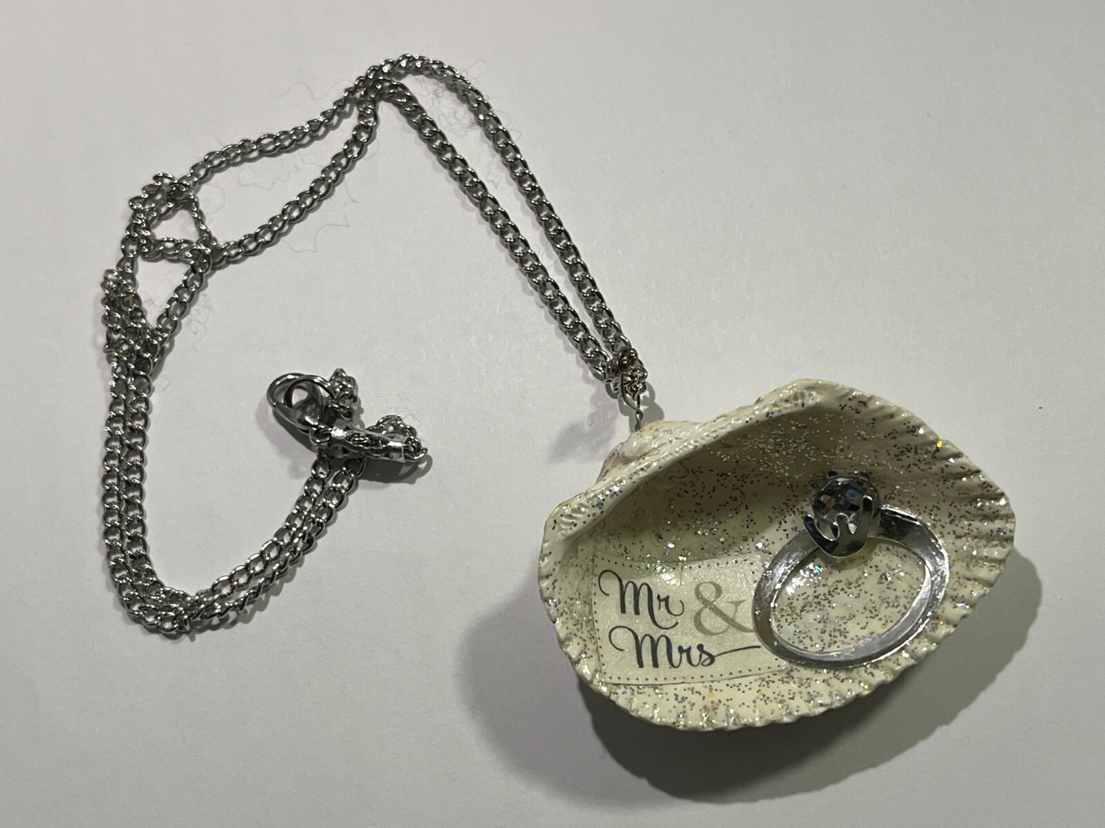 Handmade Art Wedding Seashell Necklace Mr and Mrs approx 20″ chain gift beach