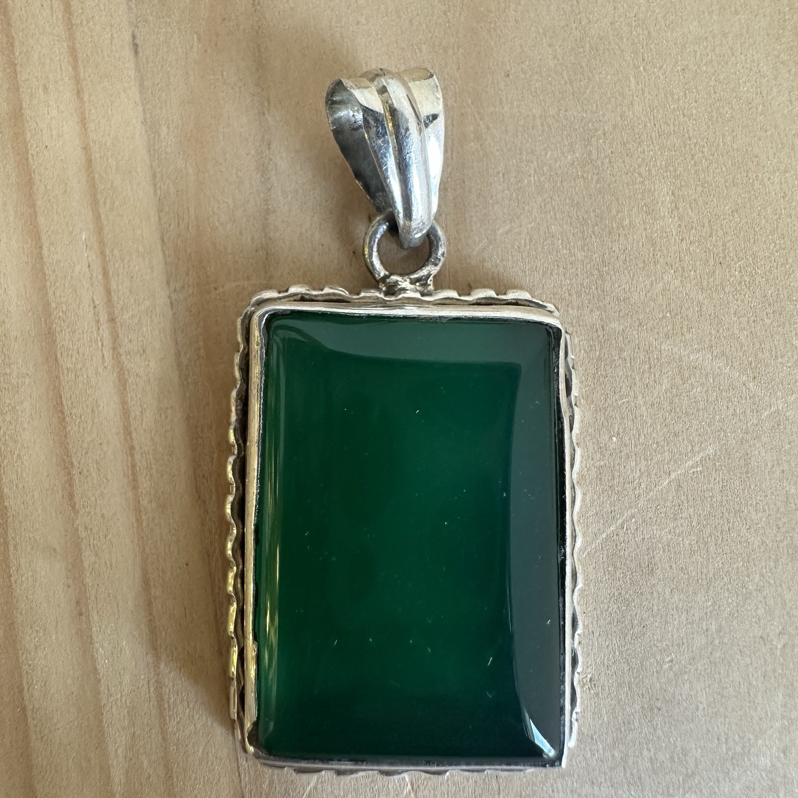 Vintage Artisan Pendant 1.5 Inch Green Transparent Gem Onyx 925 Sterling 6.7g