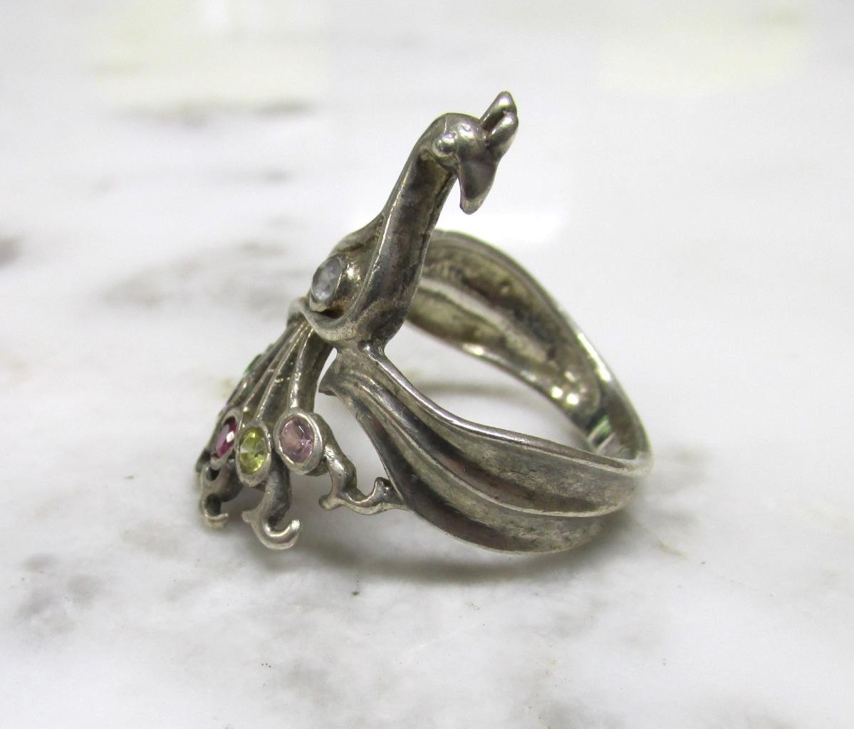 Women’s Sterling Silver Peacock Design Ring w/ Gemstones Sz 7.5 ~ 6.4g ~ 7-C587