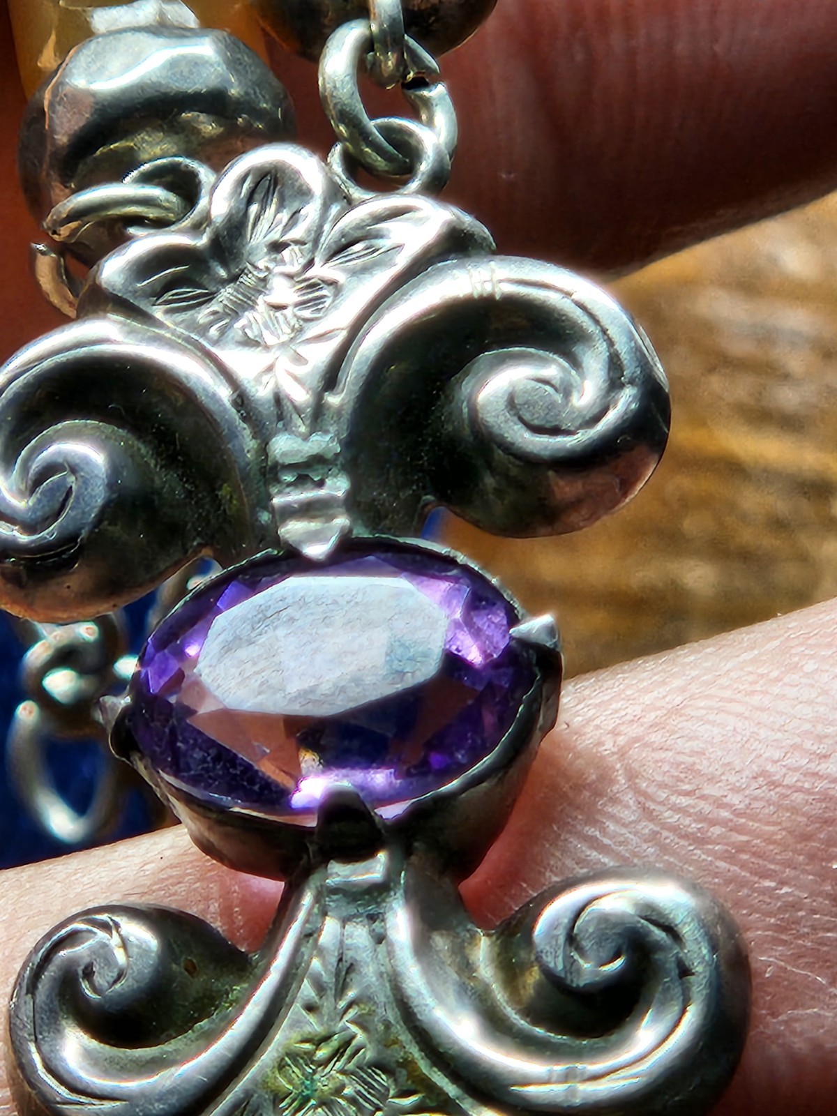 VINTAGE ANTIQUE SILVER SCOTTISH AGATE & AMETHYST BRACELET HOOK CLASP