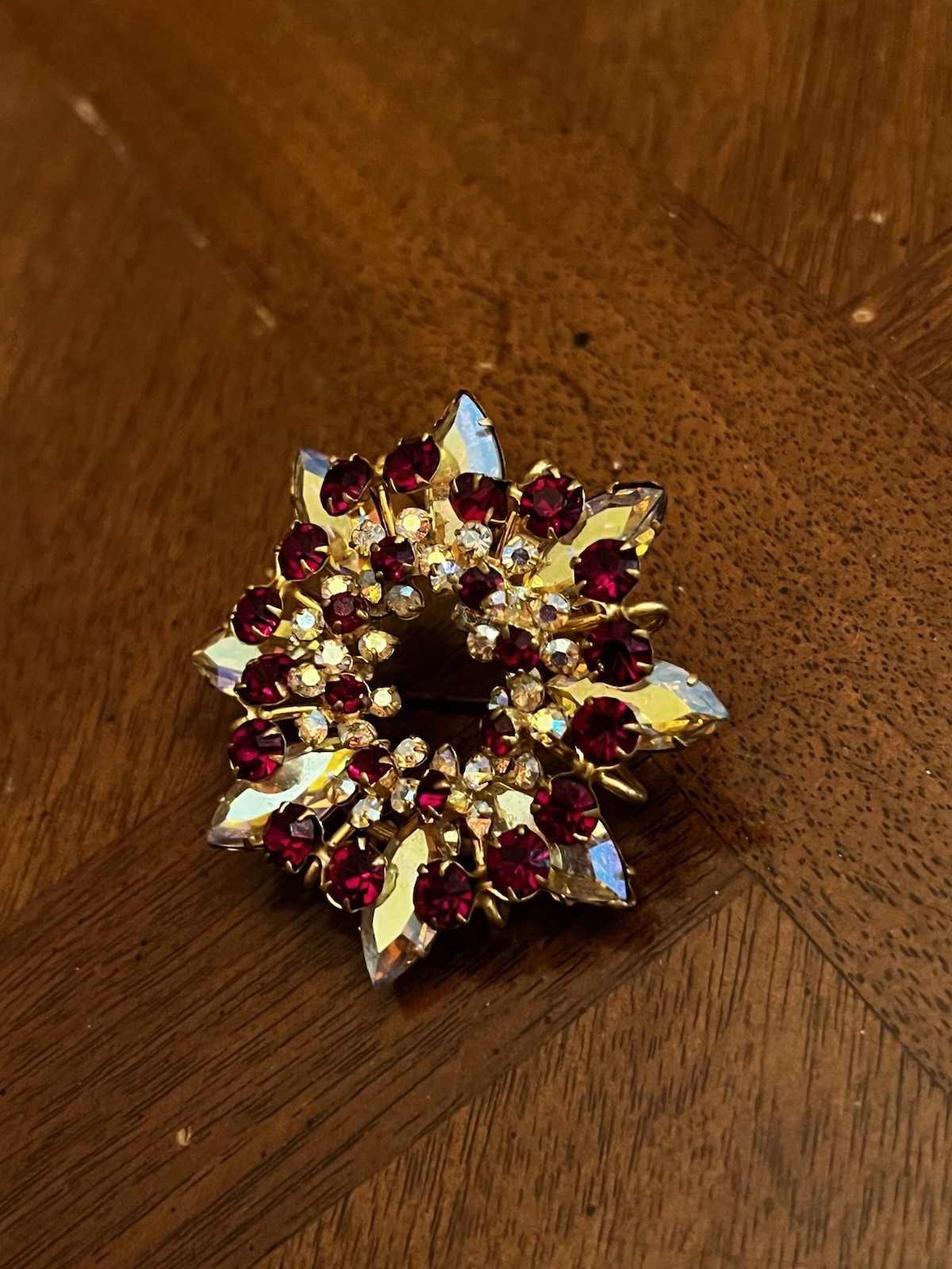 Vintage Austrian Red & Clear AB Rhinestone Floral Wreath Brooch Gold Tone Nice!