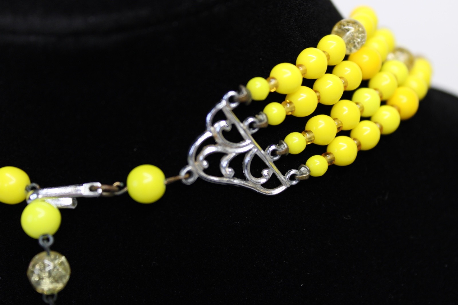 Vintage Yellow Multi Strand Beaded Necklace Earrings Set Art Deco Czech Style