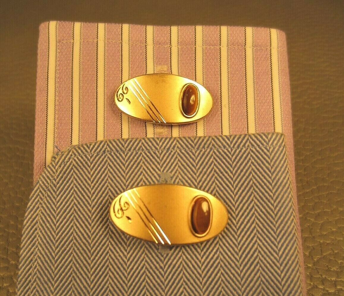 Vintage Curved Tigers Eye Brushed Finished Yellow Gold Plated Cuff Links
