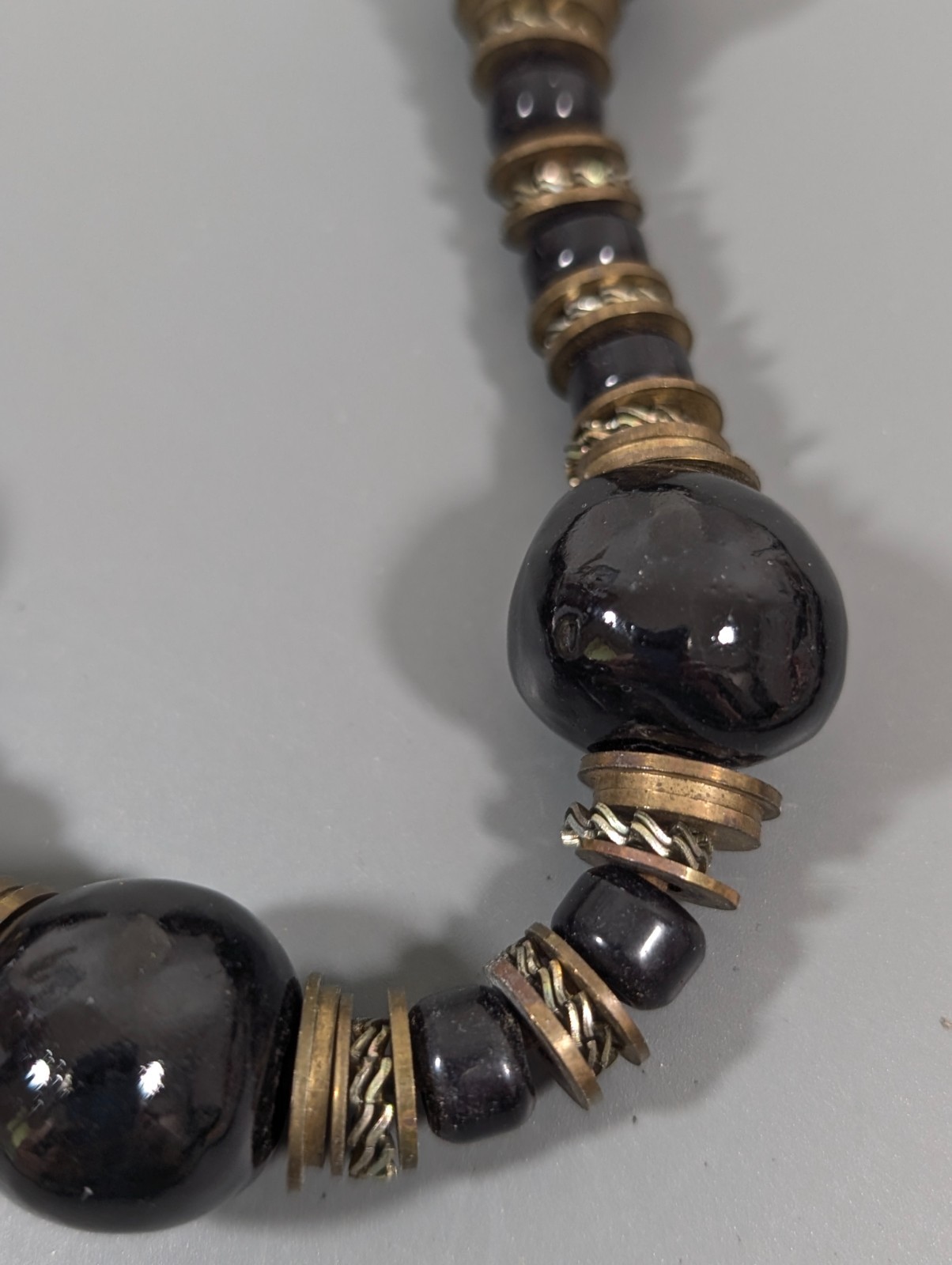 Vintage Black Ceramic Necklace Chunky Beads Bronze Tone Statement Tribal 25 in
